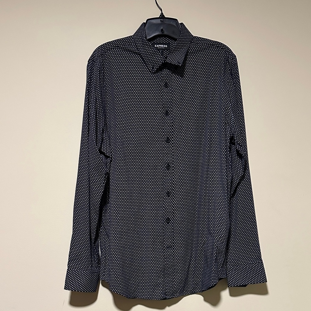 Express Men's Black and White Patterned Dress Shirt